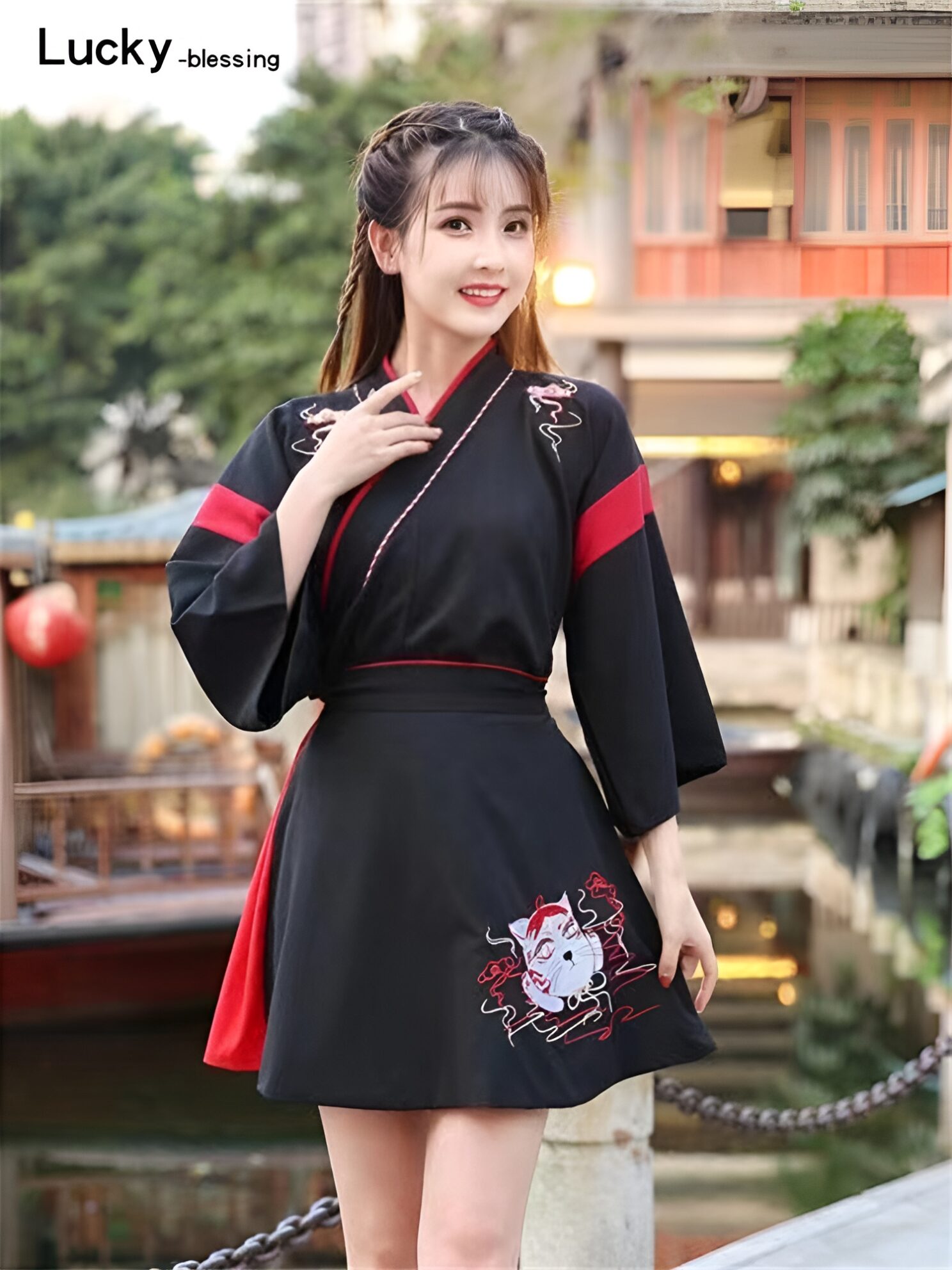 Dress Kimono Woman Black White Cat Embroidery Skirts Vintage Asian Clothing  Yukat Party Anime Cosplay harajuku costume – kitastor.com